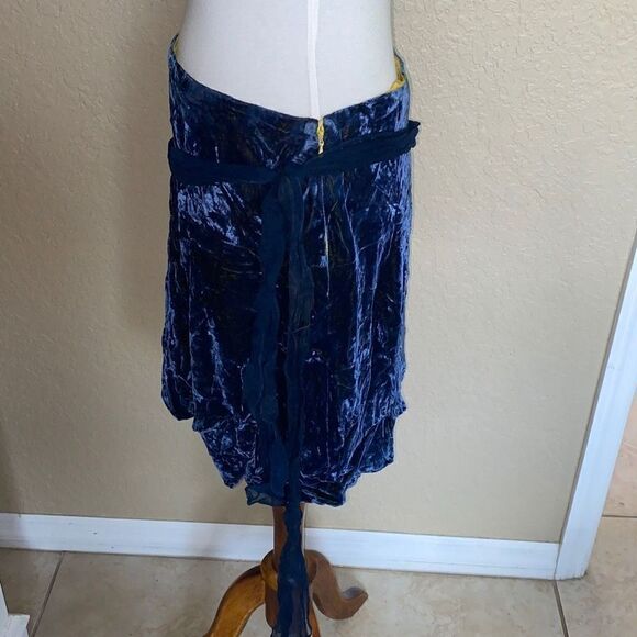 Samantha Treacy blue/yellow silk/velvet skirt w/long belt tie Sz 10 - Picture 3 of 8